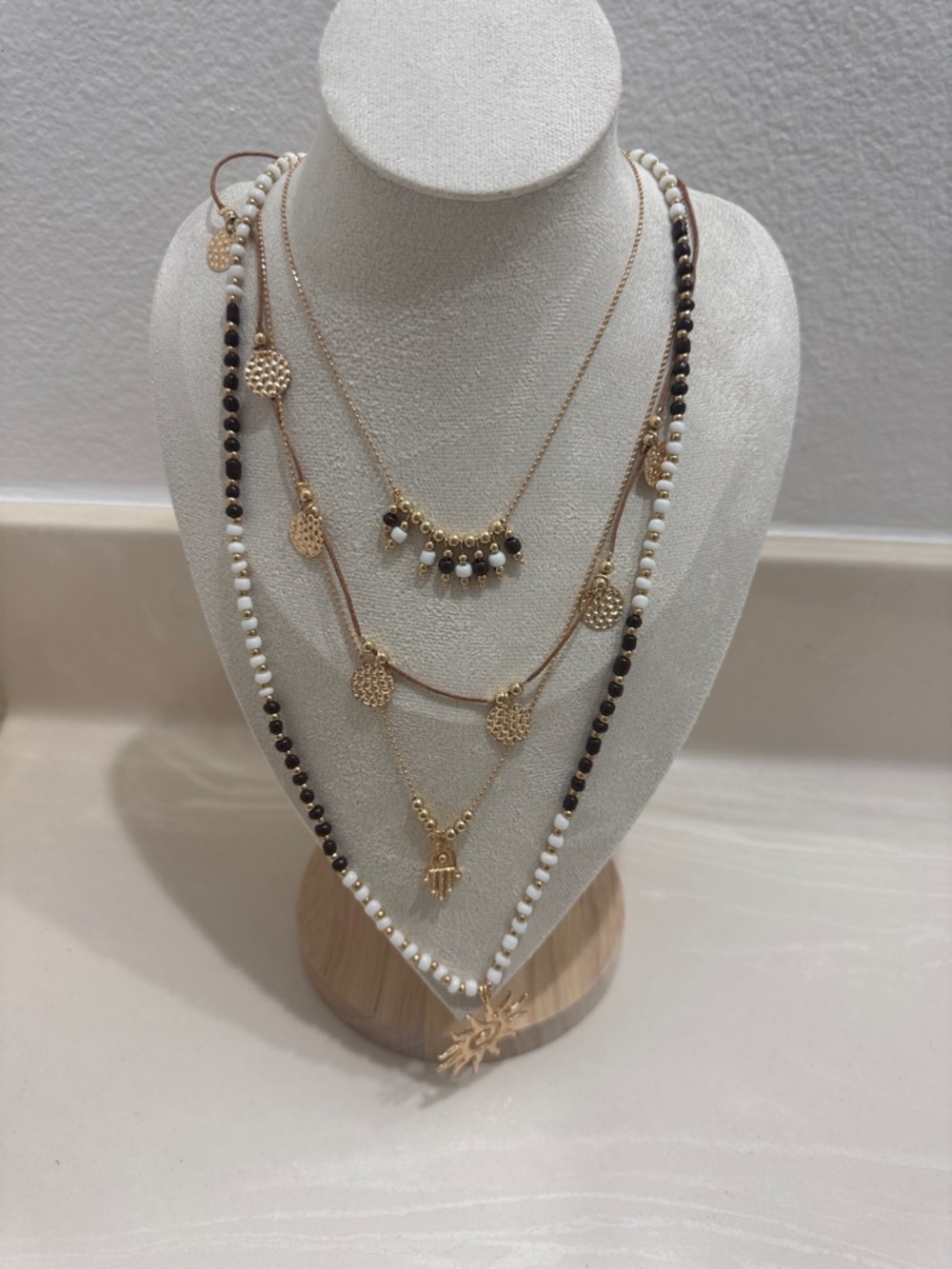 Gold Layered Necklace Set with Black and White Beads. Can be worn together / not
